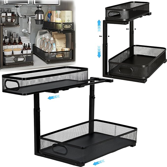 ValorTiger 2 Pack Under Sink Organizer, Dual-Layer Pull Out Mesh Cabinet Rack with 5-Level Height Adjustment, Rust-Resistant Sliding Storage for Bathroom & Kitchen, Multi-Purpose 2-Tier Shelf(Black)
