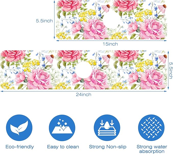 Watercolor Light Pink Floral Dish Drying Mat for Kitchen Sink Splash Guard Behind Faucet Sink Mat Absorbent Fast Drying Faucet Draining Mat for Bathroom Kitchen 5.5"×15"