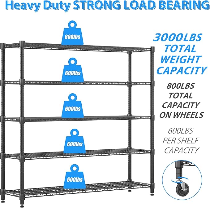 Homdox 5 Tier Heavy Duty Metal Wire Shelving with Wheels, 3000 lbs Capacity Garage Storage Rack, Rolling Industrial Storage, Adjustable Commercial Shelves for Kitchen, Warehouse, 18"x60"x82", Black