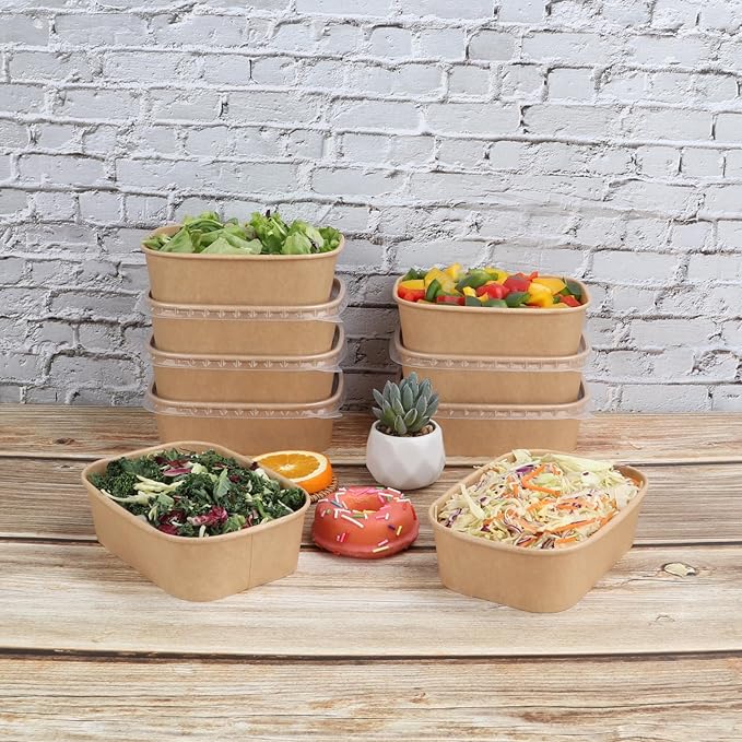 JAYEEY 22OZ Disposable Kraft paper bowls with lids, Rectangle Food containers Soup Bowls Party Supplies Treat Bowls 50 PACK