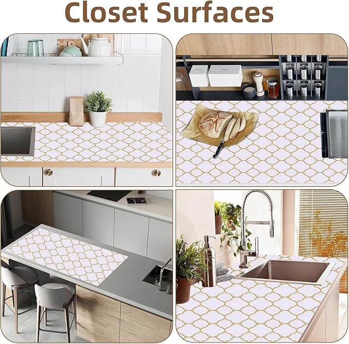 Shelf Drawer Liners for Kitchen Cabinets Non Adhesive Drawer Liner Thickened Refrigerator Liner Gold Quatrefoil Strong Non-Slip Paper for Tool Box with Knife and Tape Measure,17.3 x 236.2 Inches
