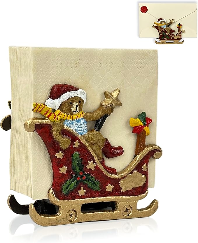 Linton Arts Cast Iron Napkin Holder for Table, Decorative Cocktail Napkin Holder with Bear Sleigh Design, Heavy Duty Napkin Dispenser for Paper Napkins, Kitchen Island Decor