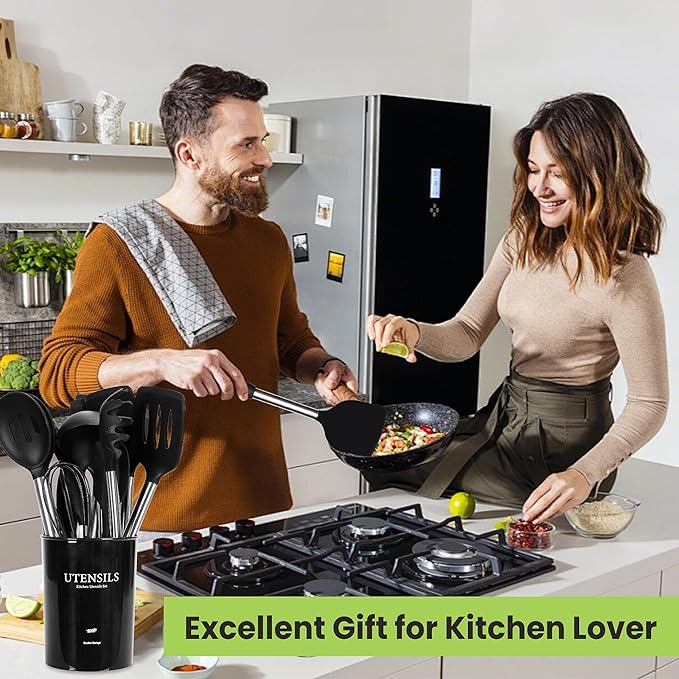 Large Cooking Utensils Set, 35 Pcs Silicone Kitchen Utensils Set with Holder, Stainless Steel Handle Spatula Set, Heat Resistant Food Grade Silicone Kitchen Gadgets for Non-stick Cookware (Black)