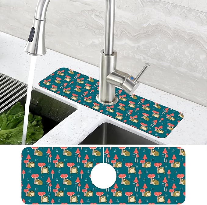 Cute Frog and Mushrooms Dish Drying Mat for Kitchen Sink Splash Guard Behind Faucet Sink Mat Absorbent Fast Drying Faucet Draining Mat for Bathroom Kitchen 5.5"×15"