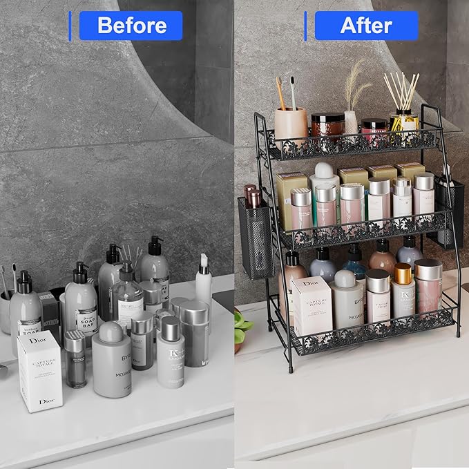 IBEDMAZIE 3-Tier Large Size Storage Rack,Counter Organiztion for Bathroom Countertop Organizer Shelf for Spice Racks for Kitchen/Sink/Bedroom/Living room/Office/Plant Rack with Two Metal Baskets