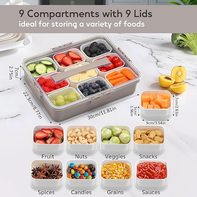 Snackle Box Container for Adults with 9 Compartment, Divided Serving Tray Snack Box Containers with Lid and Handle, Charcuterie Boxes Portable Snack Platter for Fruit Veggie Party Travel, Brown