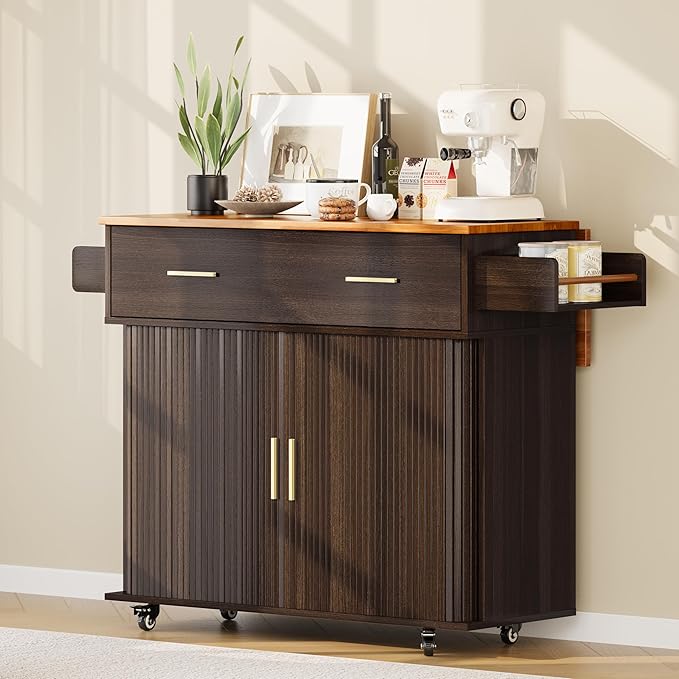 DHH Rolling Kitchen Island with Drop Leaf Countertop&Ample Storage - 39.4" Small Mobile Kitchen Cart On Wheels with Sliding Door,Drawers,Spice Rack & 2-Tier Storage (Coffee)