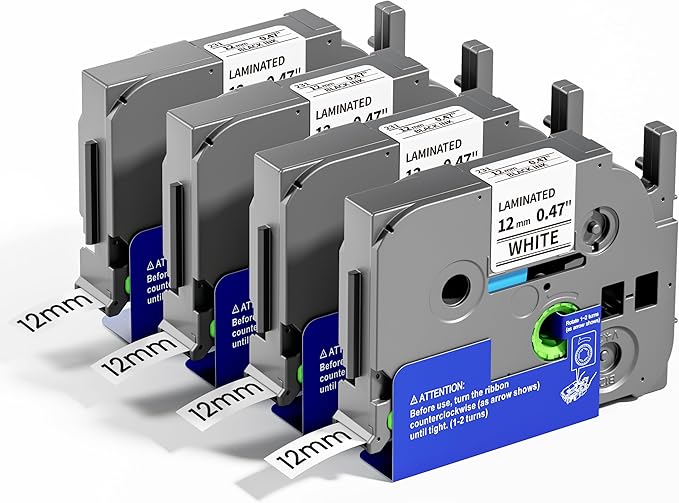 Replace for PT-D210 PT-D220 PT-D200 PT-H100 Label Tape Compatible with Brother Label Maker Tape 12mm 0.47 Inch Laminated White Ptouch TZe-231 TZe231 P Touch TZ Refills, 1/2 Inch * 8m, 4-Cartridges
