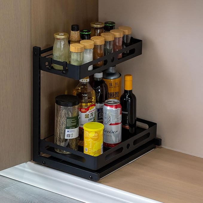 Basicwise Adjustable Height Under Sink Pull-Out Organizer 2-Tier Sliding Shelf Rack Heavy-Duty Mesh Baskets for Kitchen & Bathroom Cabinets Ideal for Tall Bottles Cleaning Supplies & Tight Spaces
