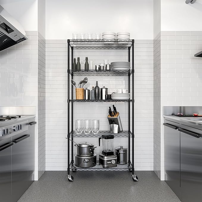 Seville Classics UltraDurable Heavy Duty NSF Solid Steel Wire Rack Storage Unit, Organizer for Garage, Warehouse, Office, Restaurant, Classroom, Kitchen, Black, 5-Tier Shelving, 36" W x 14" D