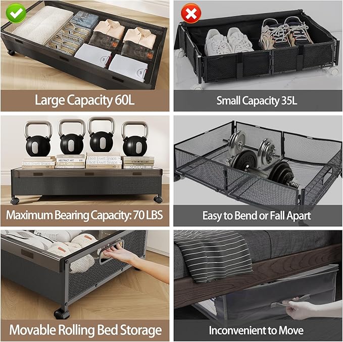 KITHELP Under Bed Storage Containers with Wheels, 2 Pack Underbed Shoe Storage Organizer with Removable Lids, Large Rolling Under Bed Storage Dresser Drawers for Clothes Toys Shoes Blankets