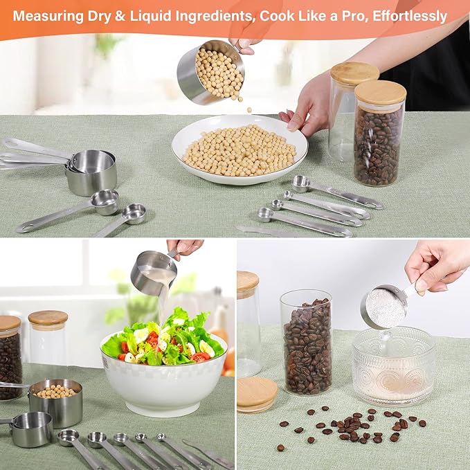 Wuzzox Stainless Steel Measuring Cups & Spoons Set of 11, Stackable Metal Measuring Cups & Spoons, Kitchen Gadgets for Cooking & Baking
