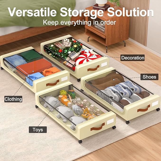 GoMaihe Under Bed Storage with Wheels: XXL Underbed Storage Containers with Lids - Rolling Bins for Shoes Clothes in Dorm Bedroom - Metal Drawers Easy Pull-out Beige 4-Pack