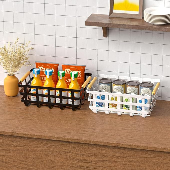 Large Metal Pantry Storage Baskets,4 Packs Farmhouse Baskets,Food Organizer Storage Bin Basket with Wood Handles for Kitchen Cabinets Shelf Pantry,White
