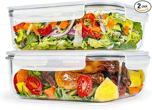 GEHE 9.8 Cup / 78 Oz Large Glass Food Storage Containers with Lids, 2 Pack Glass Meal Prep Containers Set with Airtight Locking Lids - Storing Food, Baking, Leakproof, Freezer, Microwave & Oven Safe