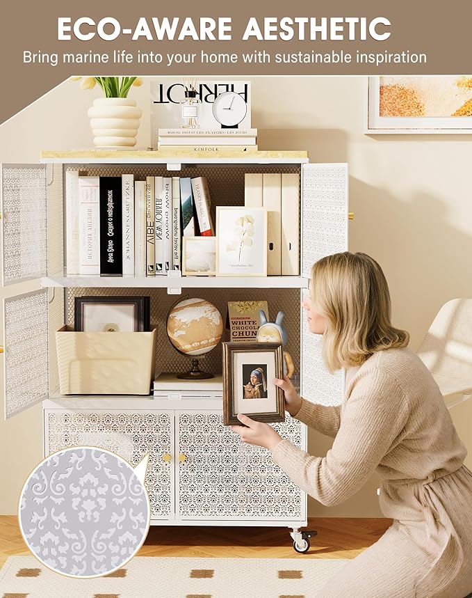 3 Tier Metal Storage Cabinet with wheels, Storage Bins with Magnetic Doors, Storage Cart for Living Room, Bedroom, Bathroom, Laundry, Kitchen