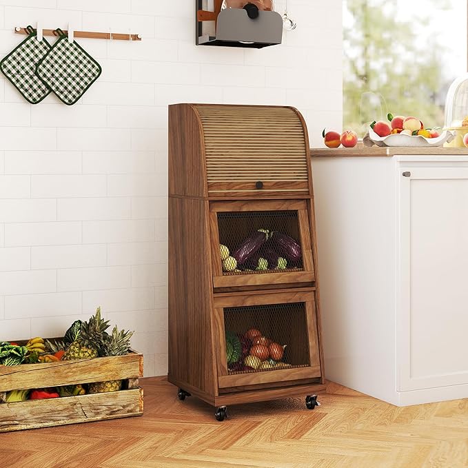 Movable Potato and Onion Storage Bins Box, Mid Century Modern Fruit and Vegetable Basket Storage with Sliding Door and Wheels, Food Kitchen Pantry Cabinet, Wooden Bread Storage, Walnut, Flip-top