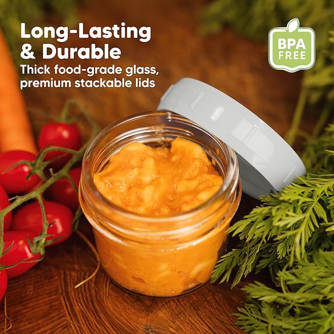 KeaBabies 12pk 4oz Glass Baby Food Containers with Lids - Leak-Proof, Microwavable Small Glass Jars, Baby Purees & Toddler Snack Storage Containers, BPA-Free, Dishwasher & Freezer Safe (Slate)