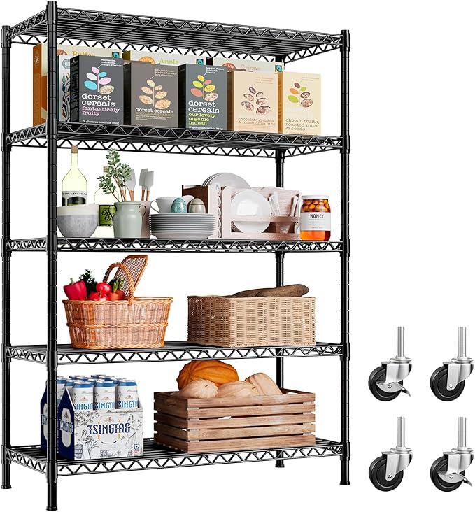 REIBII 73''H Storage Shelves 1660LBS Wire Shelving Unit with Wheels 5 Tier Metal Shelving,Heavy Duty Metal Shelves for Storage Rack,Commercial Industrial Shelving for Garage Kitchen 73''HX35''WX15''D