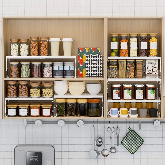Asiingkel Stackable Expandable Metal Shelf Organizer - Adjustable Wire Storage Rack with Holes for Kitchen, Bathroom, Cabinet, Office - Space Saving, Durable & Sturdy Design（3PACKS/Medium/White