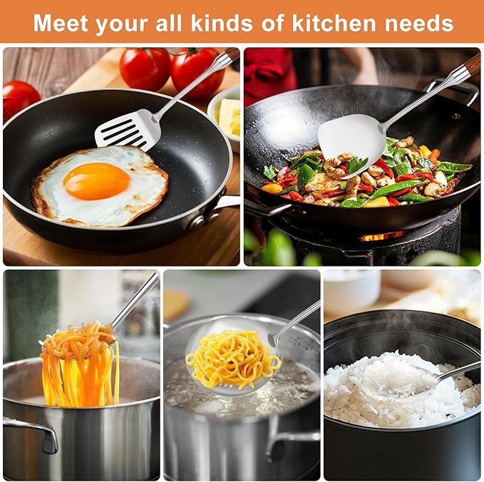 18 10 Stainless Steel Kitchen Utensils Set with Wood Handle,10PCS Metal Cooking Utensils Set, Stainless Steel Cooking Utensils Sets Heat Resistant Wok Tools(12-15in)