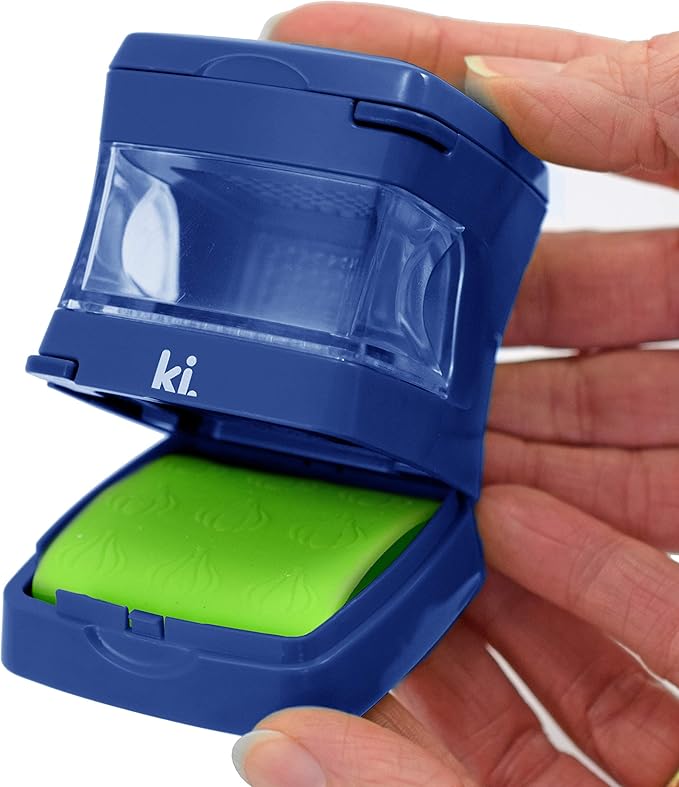 Kitchen Innovations Garlic-A-Peel Garlic Press, Crusher, Cutter, Mincer, and Storage Container - Includes Silicone Garlic Peeler - Easy to Clean - Stainless Steel Blades – (Blue), standard