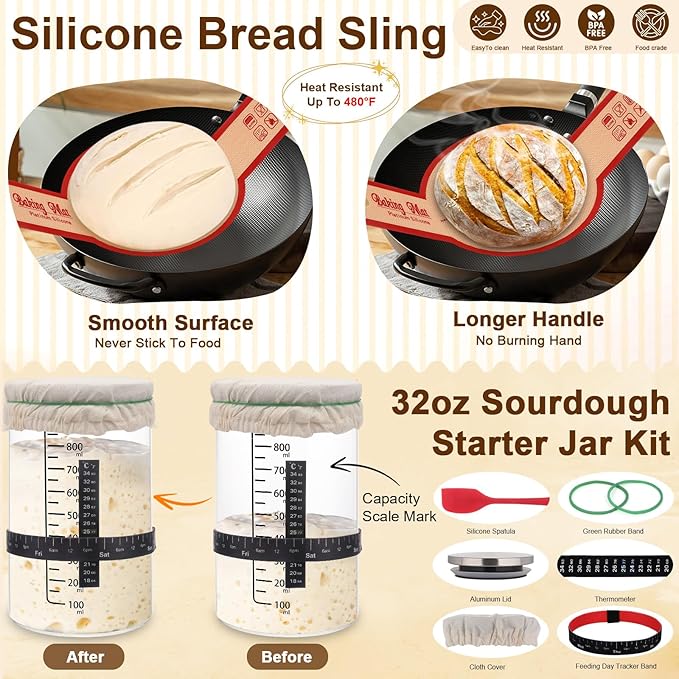 SavEase Sourdough Bread Baking Supplies, Complete Sourdough Starter Kit, 9" Round & 10" Oval Bread Proofing Basket with Sour dough Starter Jar, Bread Making Tools Gifts for Bakers Women Wife Mom