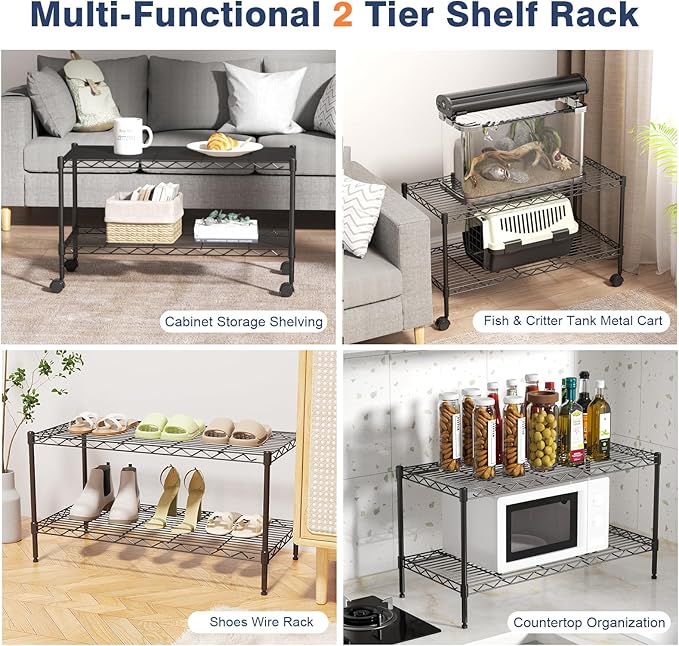 2-Tier Wire Shelving Unit,36" Wx18 Dx19.5 H,Wire Shelves Rack with Lockable Wheels,2 Shelf Height Adjustable Metal Storage for Living Room,Kitchen,Pantry,Closet,Office,Laundry