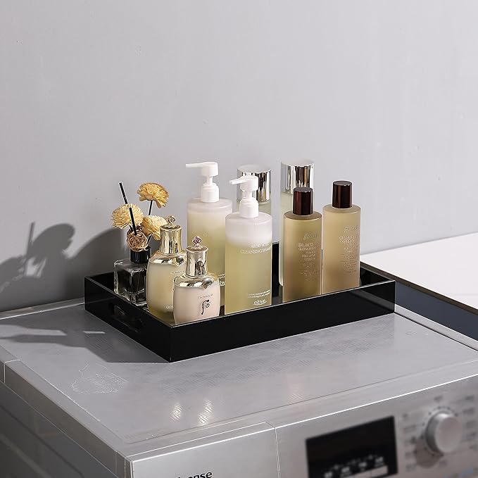 BEYLANG Glossy Black Sturdy Acrylic Serving Tray with Handles-10x15Inch-Serving Coffee,Appetizer,Breakfast,Butler-Kitchen Countertop Tray-Makeup Drawer Organizer-Vanity Table,Ottoman Tray-Decorative