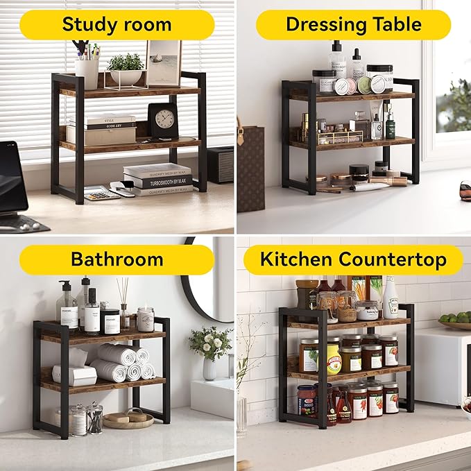 Kitchen Countertop Shelf Organizer, 3 Tier Large Kitchen Storage Spice Rack Cabinet Organizer with Metal Leg for Countertop Pantry, Coffee Bar Organizer, Bathroom Countertop Organizer, Rustic Brown