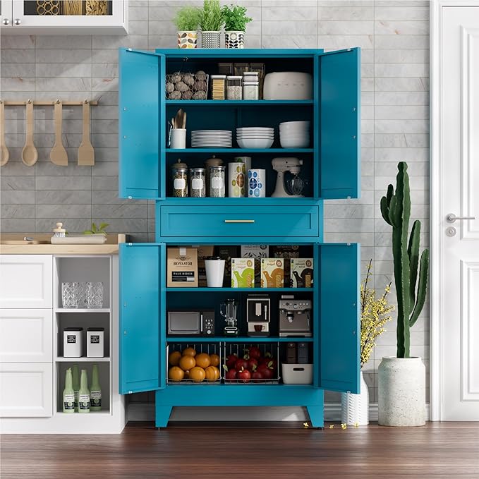 YNIQUESTLE 71" Tall Farmhouse Pantry Cabinet,Metal Cabinet with Adjustable Shelves and Doors,Storage Cabinet for Kitchen Garage,Blue