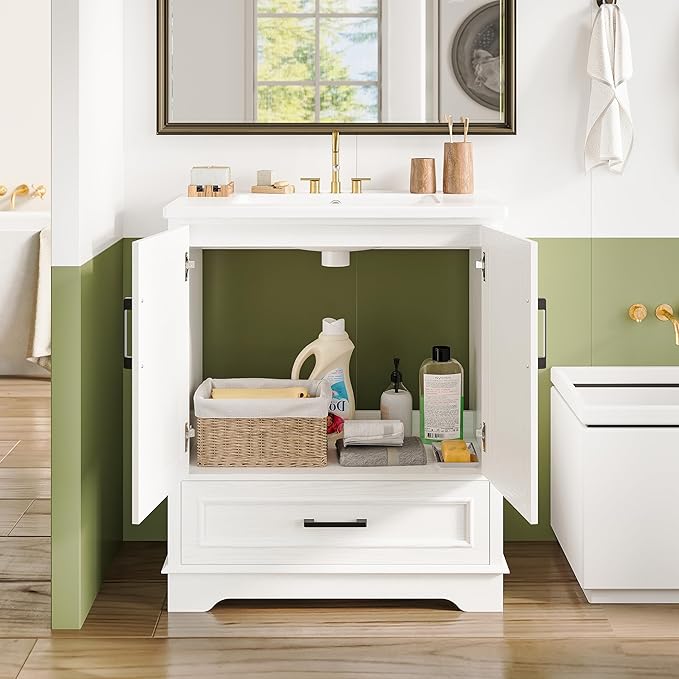 IRONCK 30" Bathroom Vanity with Ceramic Basin,Modern Under Sink Cabinet with 2 Soft Closing Doors and 1 Drawer, Free Standing Bathroom Storage Cabinet with Sink Combo Set,NO Faucet Accessories, White