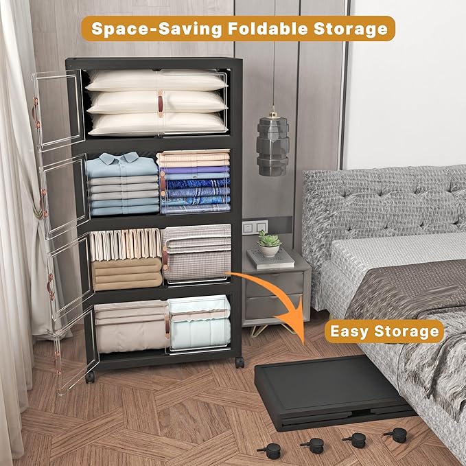 Extra Large Stackable Storage Bins with Lids & Wheels, 1344QT-168QT/42GAL*8Pack Foldable Collapsible Closet Organizers Dark Storage Cabinet with Doors for Bedroom Dorm