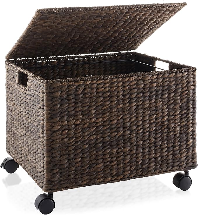 Casafield Rolling Filing Cabinet, Espresso Dark Brown - Water Hyacinth File Organizer with Lid and Wheels, Home Office Storage for Hanging Folders