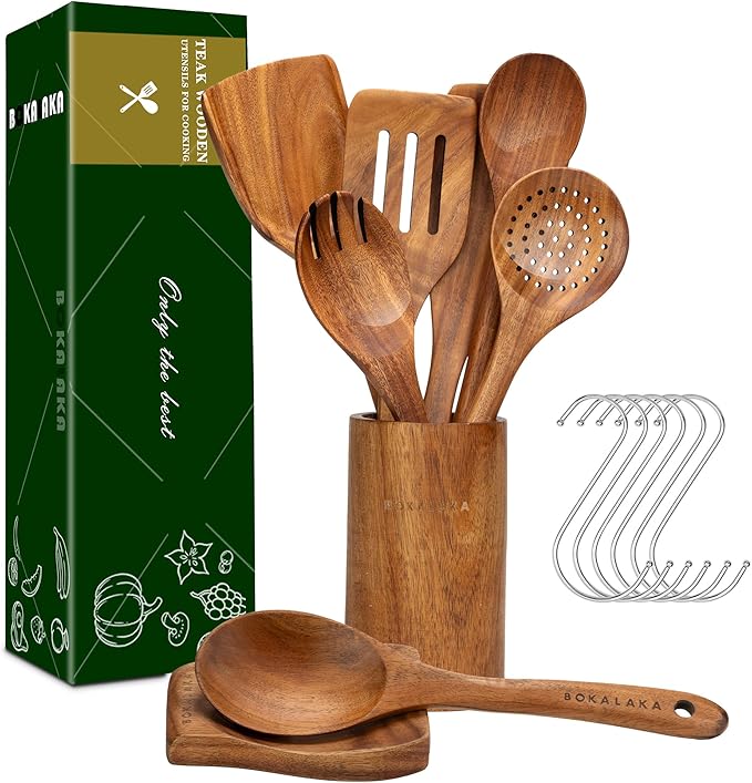 Wooden Spoons for Cooking, 9Pcs Natural Teak Wooden Utensils for Cooking Wooden Kitchen Utensils Set and Holde Cooking Utensils Set
