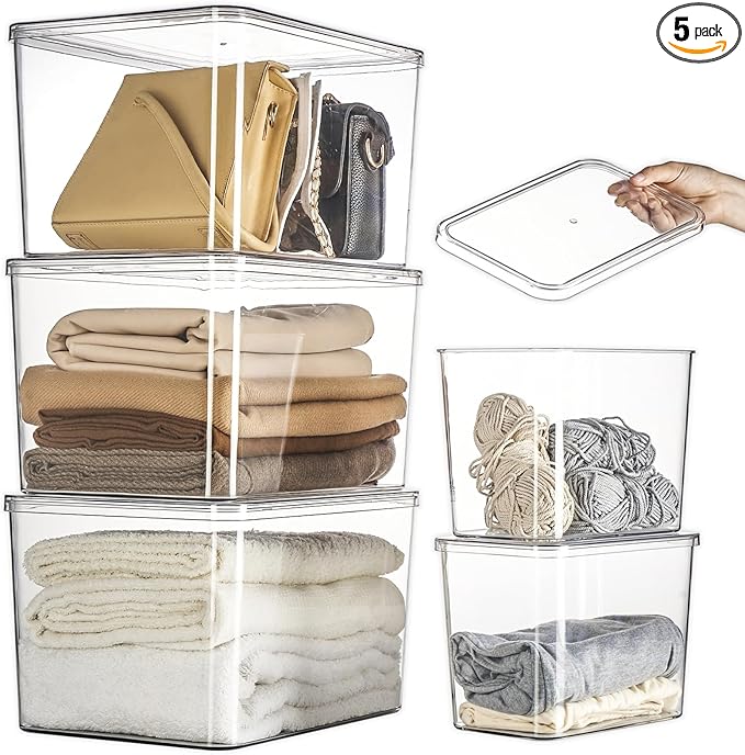 Sgoostood Lidded Plastic Storage Bins Set Clear Desk Basket Box Organizer Kitchen Container Clothes Laundry Closet Cabinet Shelf, Organization and Storage for Shelves Office Bathroom(clear 3XL+2M)