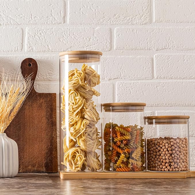 15oz Glass Food Storage Jars, Glass Jars with Bamboo Lids, Kitchen Storage Jars, Set of 6, Canisters with Airtight Lids for Spice, Coffee, Cookie, Pantry Organizers