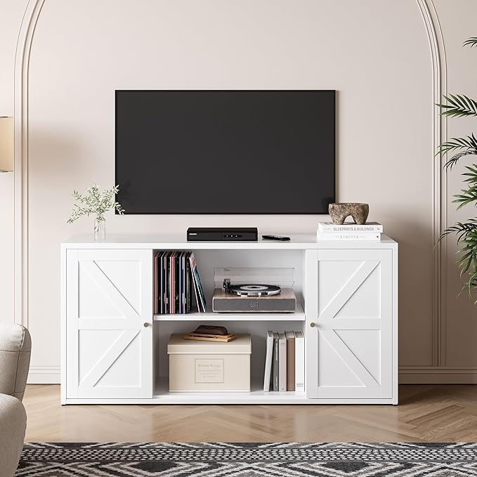 LCAOPC Metal TV Stand for 65 Inch TV, Farmhouse TV Entertainment Center with Storage Cabinets and Adjustable Shelves, Modern Media TV Console Table, TV Cabinet for Living Room, White