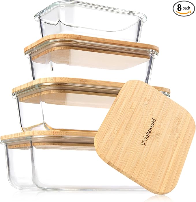 dokaworld Set of 4 Stackable Space-Saving Nesting Glass Containers with Airtight Bamboo Lids - Lunch, Meal & Food Prep - Microwave & Oven Safe BPA Free Durable Heat Resistant Inert Borosilicate Glass