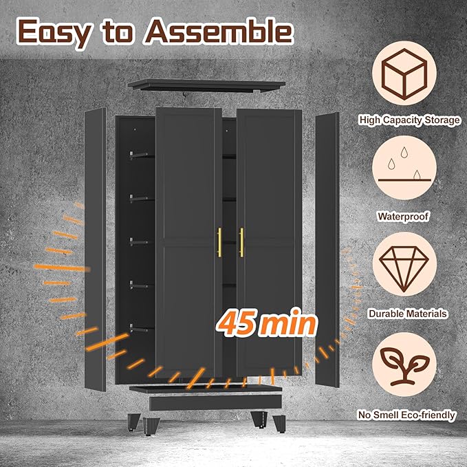 PAOFIN 75" Metal Kitchen Pantry Cabinet,Black Storage Cabinet with Doors and 5 Adjustable Shelves, Cabinet with 2 Metal Handles,Tall Cabinet for Livingroom,Pantry, Bathroom,Kitchen