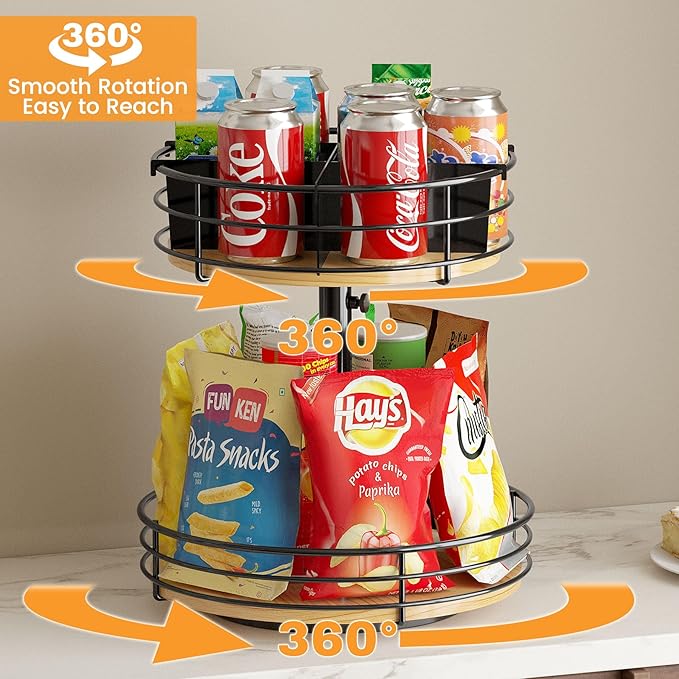 HISKIWUU 2-Tier Rotating Snack Organizer - Height Adjustable Lazy Susan Turntable for Kitchen Countertop, Black