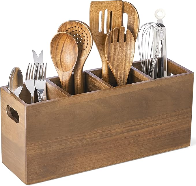 ONEARF Wooden Utensil Holder Counter, Kitchen Utensil Organizer Large 4 Compartment Cooking Utensils Holder, Acacia Rustic Wood Farmhouse Storage Container Crocks for Silverware and Cooker Set