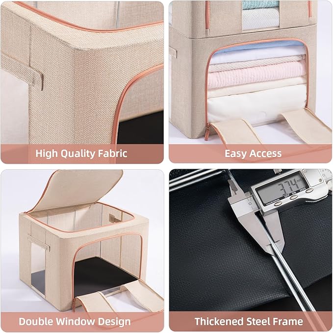 GuliPostan 66L Stackable Clothes Storage Bins with Metal Frame Handles & Zipper, Collapsible Closet Organizer Box with Lid for Bedding Blankets Towel (Beige,1 pack)