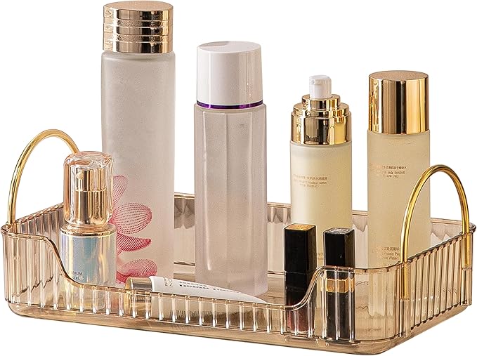 Bathroom Organizer Countertop, Vanity Tray for Skincare Makeup, Counter Organizer for Cosmetics, Toiletries, Lotions, Perfumes (1 Tier, Amber)