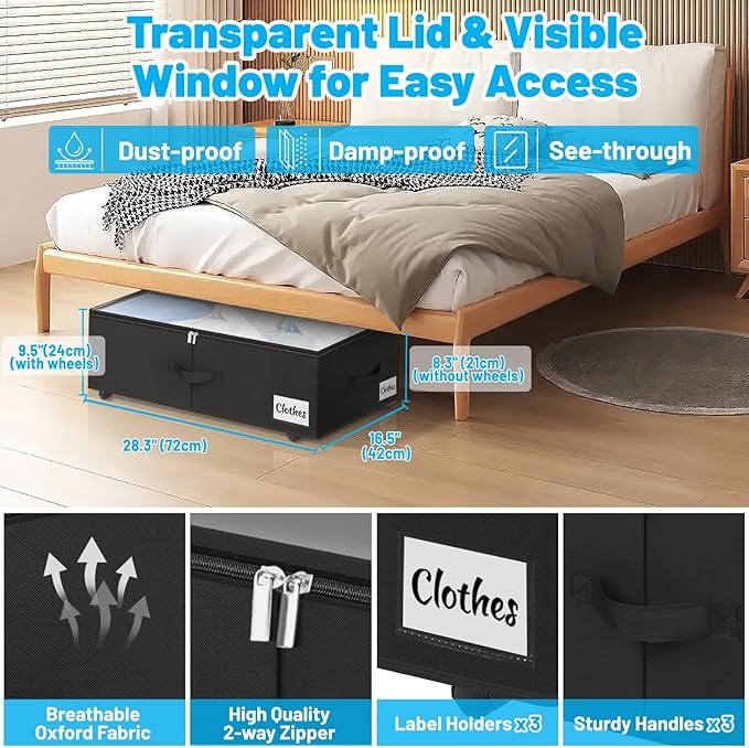 Under Bed Storage with Wheels, 2-Pack 10" Height XXL 60L Rolling Storage Bins, Quick Assembly Underbed Shoe Storage Containers with Clear Lid & Label, Dorm Under bed Drawers for Clothes, Shoes, Black
