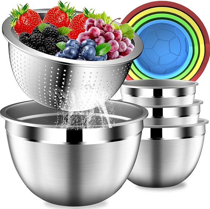 DUTZUN Mixing Bowls with Strainer, Mixing Bowl with Lids Set, Stainless Steel Mixing Bowls, Kitchen Gadgets 2025 Salad Bowls with Strainer for Mixing & Preping & Baking, Multicolor