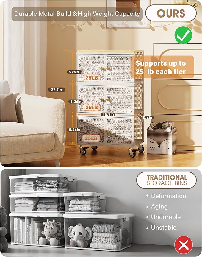 3 Tier Metal Storage Cabinet with wheels, Storage Bins with Magnetic Doors, Storage Cart for Living Room, Bedroom, Bathroom, Laundry, Kitchen