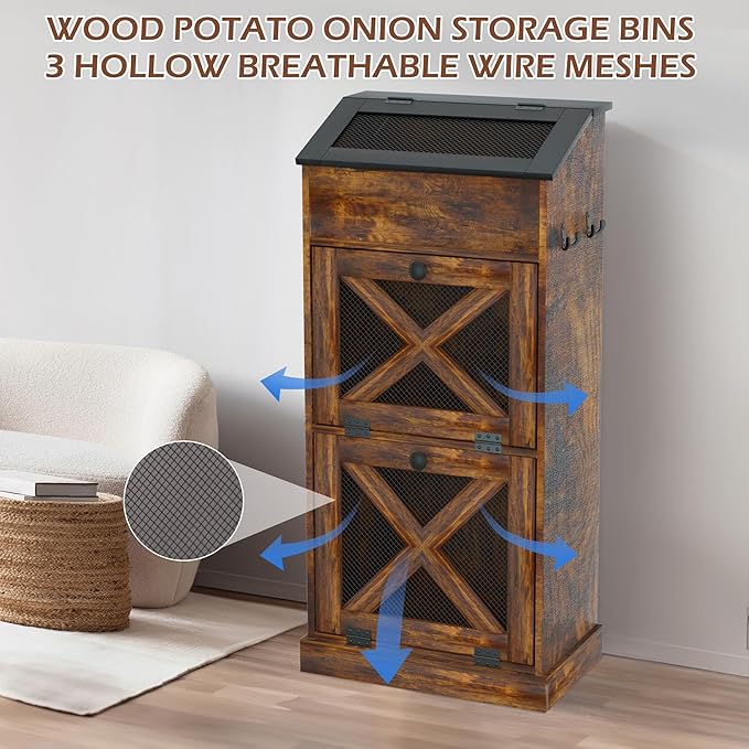 Wooden Potato and Onion Storage Bin w/Lid, Large Capacity and Ventilated Design, Ideal for Pantry, Kitchen Brown