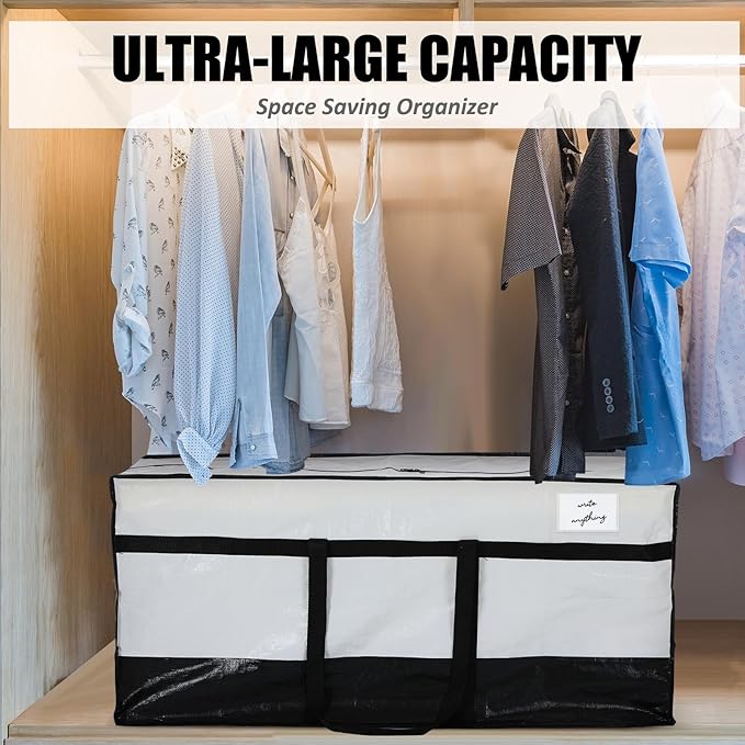 4 Pcs 66 Gallon Extra Large Moving Bags Heavy Duty Storage Bag with Strong Zipper Handle Foldable XXL Jumbo Storage Tote Packing Moving Box for College Dorm Travel Cloth Duffle(Black and White)