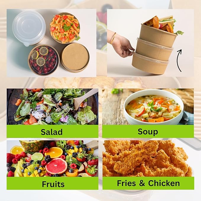 ganfaner 25 oz Disposable Kraft Round salad Bowls with Lid, 50 Sets Leakproof Microwave Meal soup containers Bowls, Waterproof Take Out Food Containers for Lunch Snack Camping Family